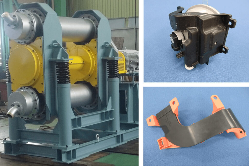 木粉と熱可塑性樹脂を混合して成形されたウッドプラスチック(木質-樹脂複合材料)に関連する装置と自動車部品の写真。自動車産業でのプラスチック使用量削減に貢献する素材。